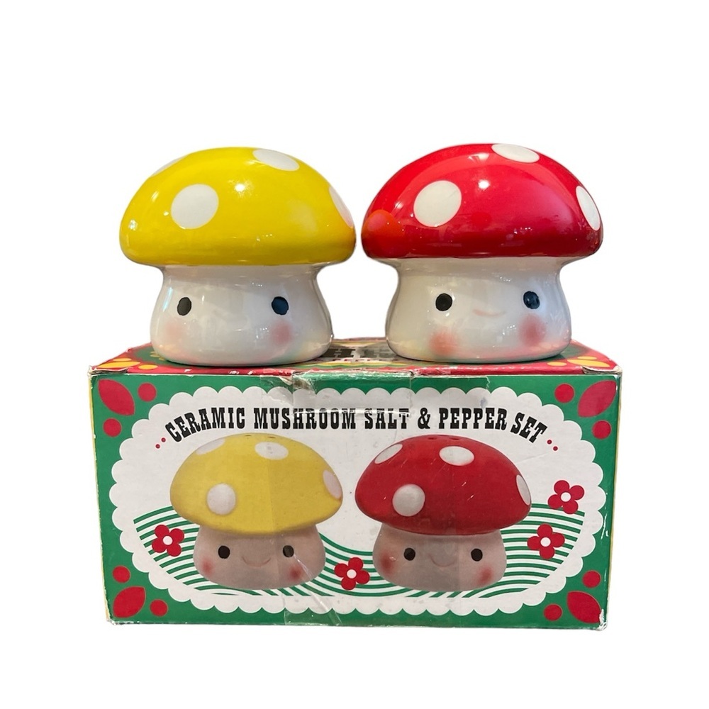 Whimsical Ceramic Happy Mushroom Salt and Pepper Shaker Set